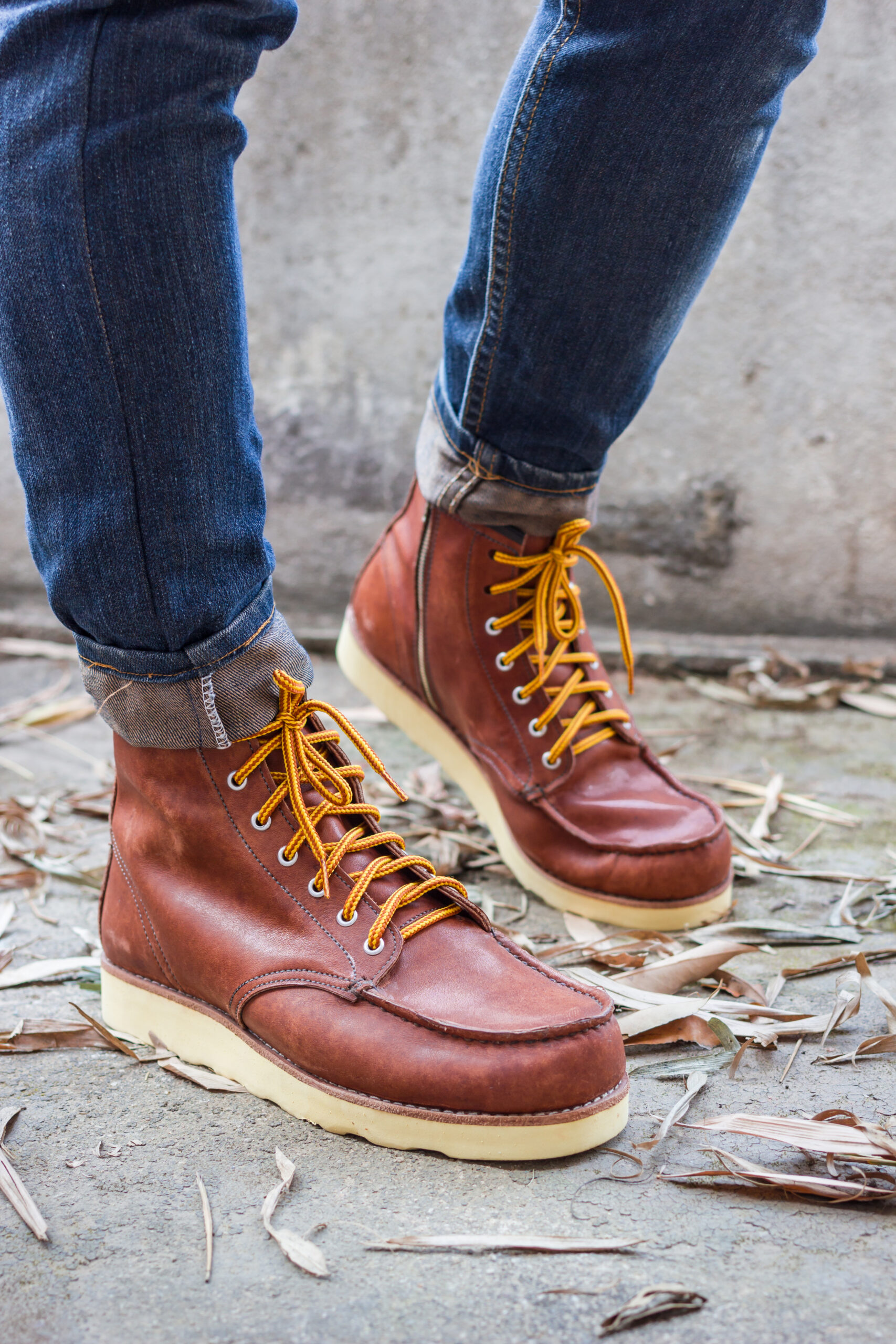 Male Foot With Brown Leather Shoes Jeans Scaled
