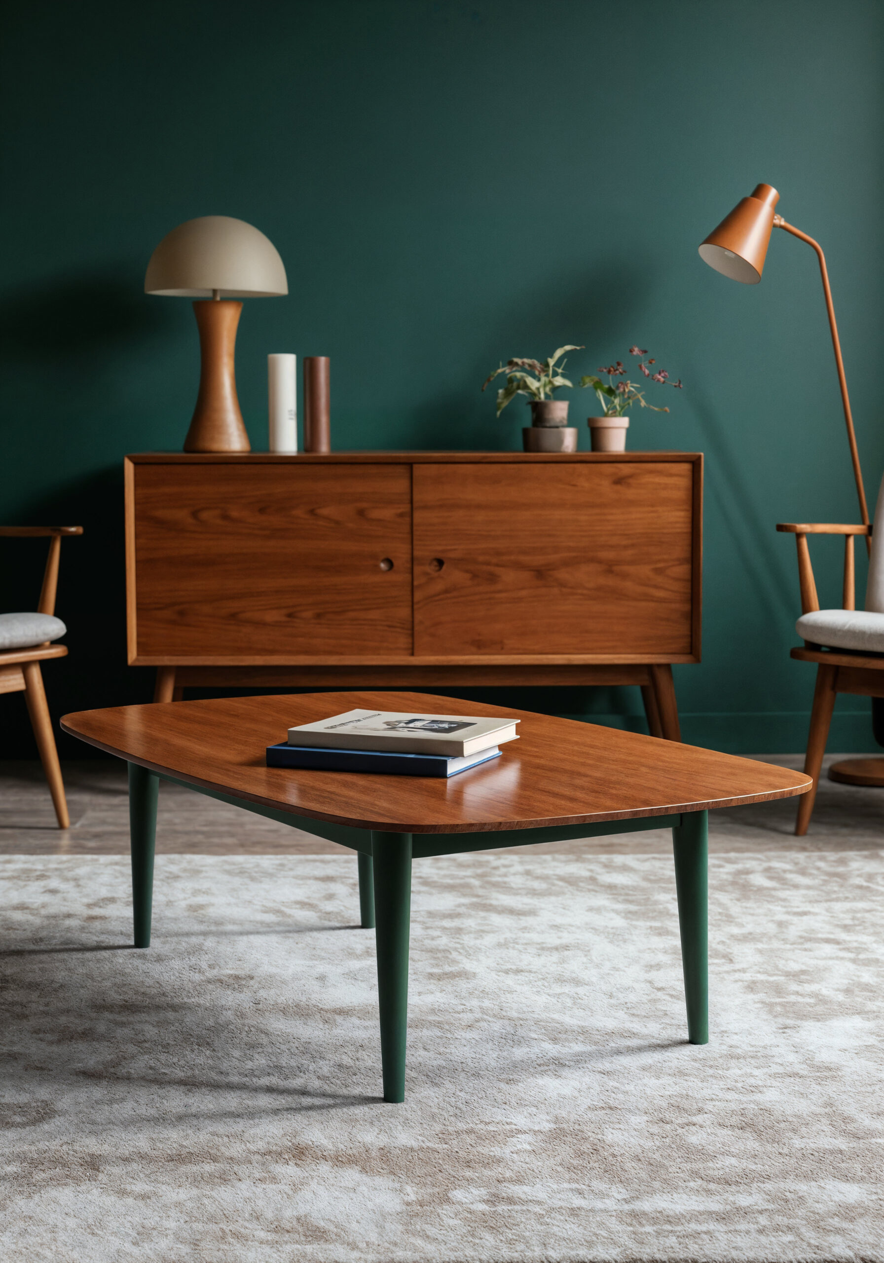 Mid Century Modern Living Room With Wooden Furniture Green Wall Scaled