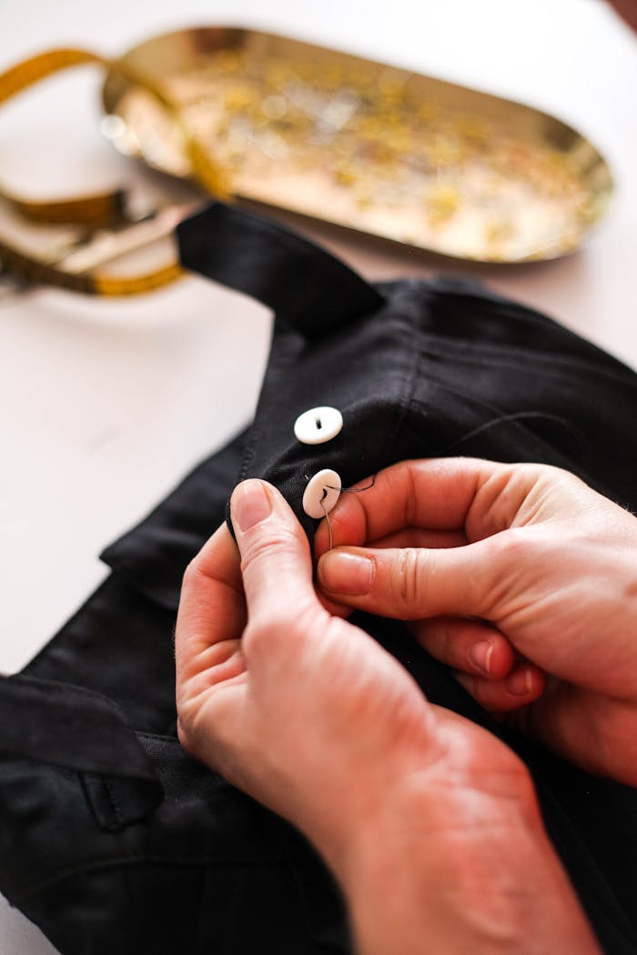 Hands sewing buttons on black fabric, showing detailed craft of tailoring.