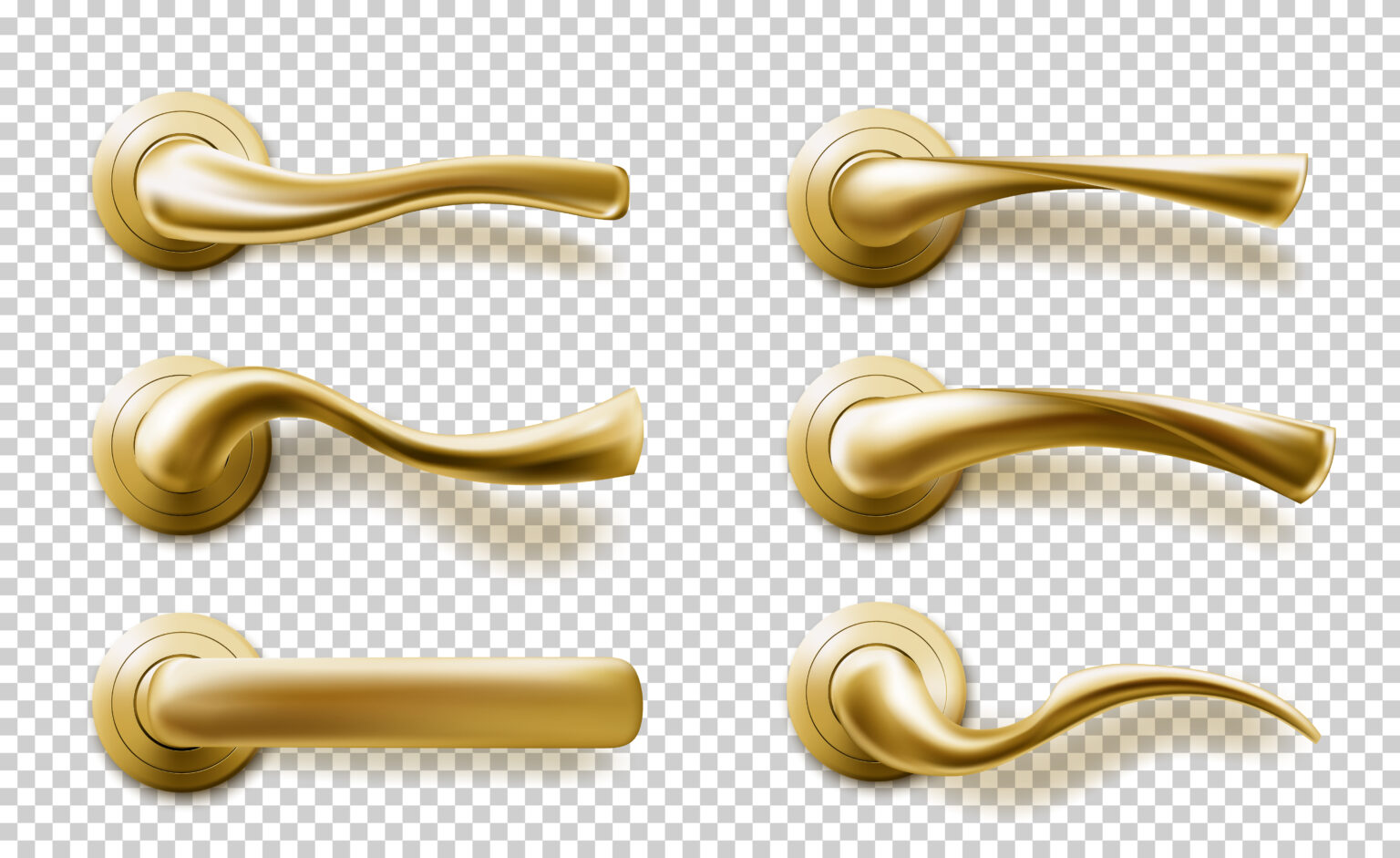 Home layout realistic door handles set, golden isolated knobs