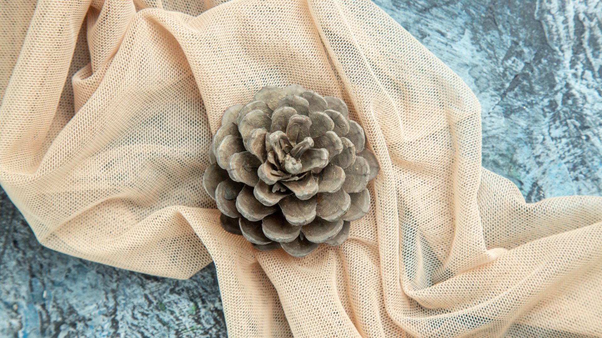 top view pinecone beige shawl dark surface